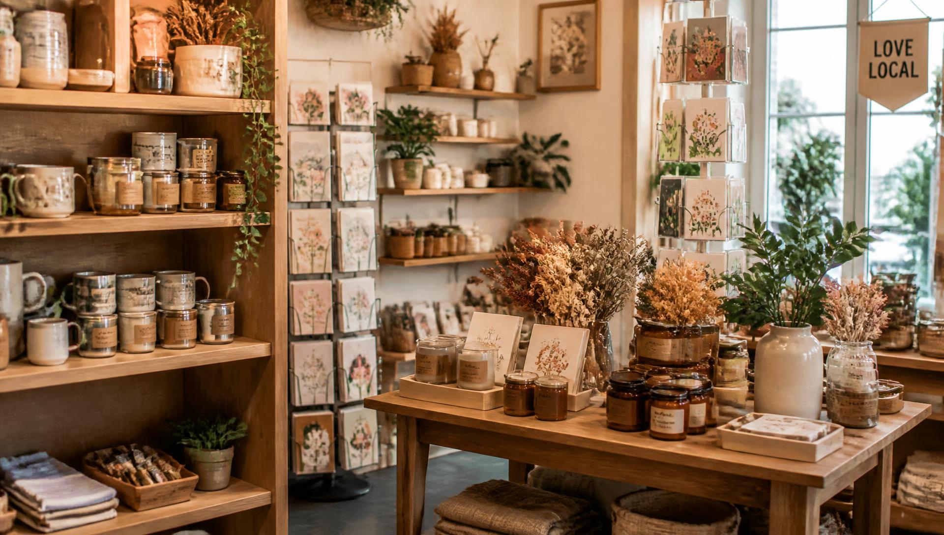 Inside the shop: shelves of candles, mugs and greeting cards
